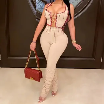 Dámské kalhoty Dámský crop top a kalhoty B984 béžova S