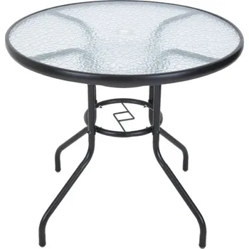 Zahradní stůl Kulatý kovový venkovní stůl s otvorem na slunečník na terasu / balkon / do bistra, černý rám, průměr 80 cm