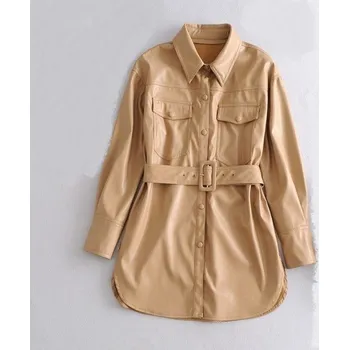 Dámská casual bunda Dámský kožená bunda s opaskem světle hnědá M