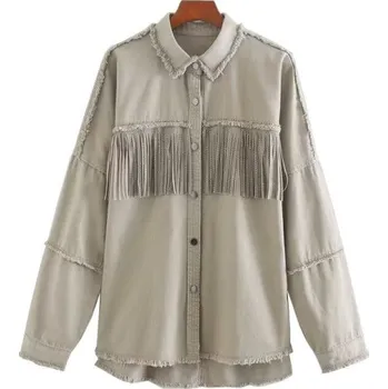 Dámská casual bunda Dámská podzimní bunda s třásněmi světle šedá XS