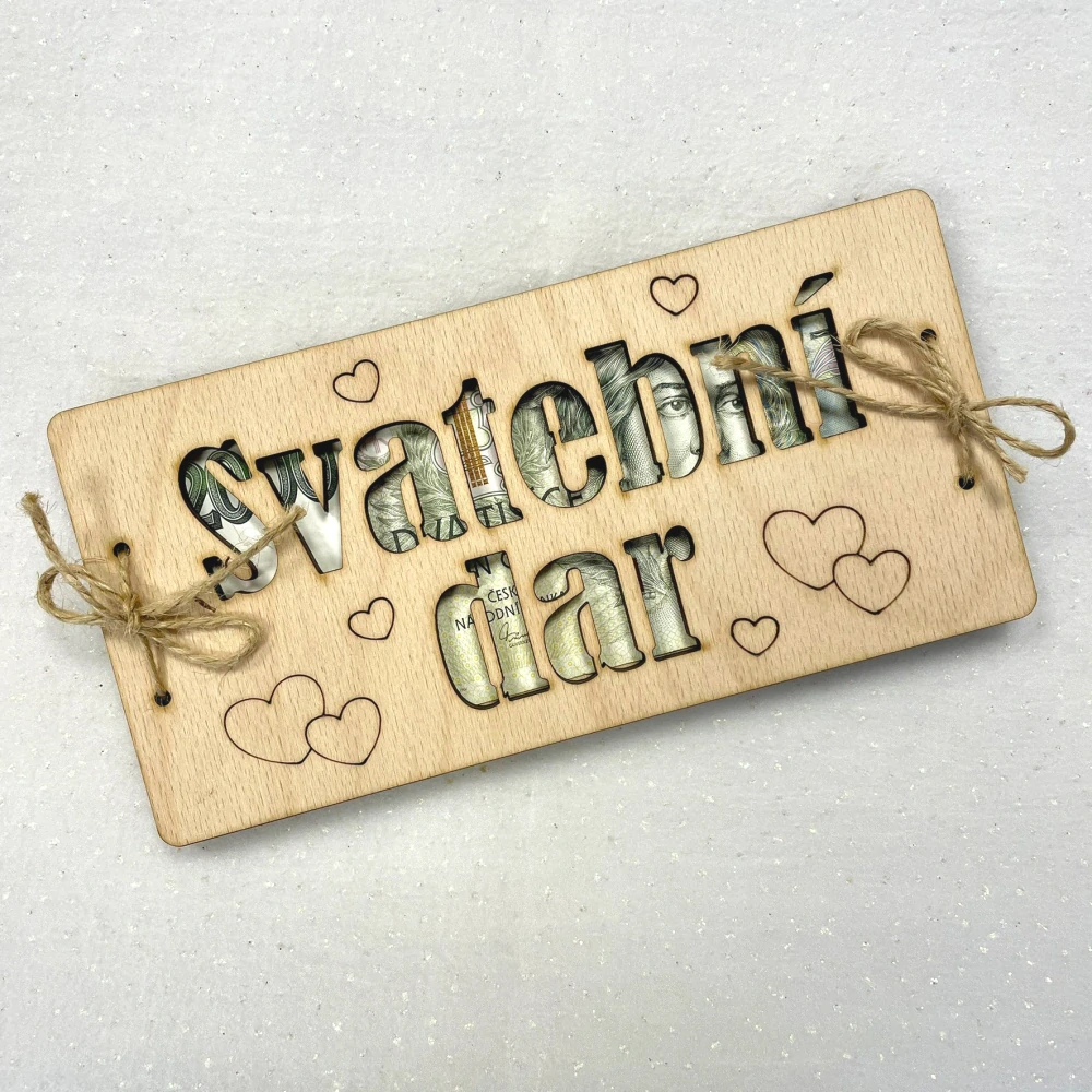 Dekorace z Česka Svatební dřevěné přání na bankovky - motiv 5 Nápis: Standard - Bez vlastních jmen