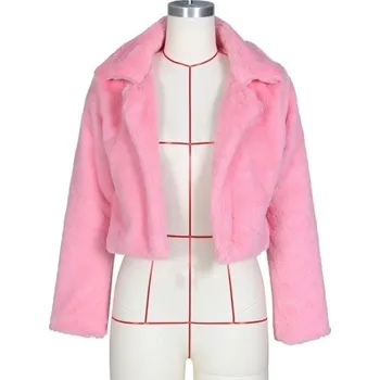 Dámský kabát Dámský krátký kabát z umělé kožešiny P1650 růžová XS