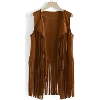 Dámská vesta Dámská kožená vesta s třásněmi P1771 světle hnědá M