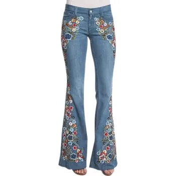 Dámské džíny Dámské džíny do zvonu s nášivkami světle modrá XL