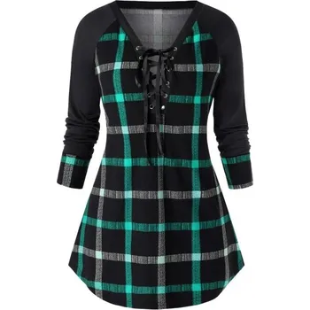 Dámské tričko Dámský dlouhý top s kostkovaným vzorem zelená 3XL