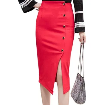 Dámská sukně Dámská pouzdrová sukně s rozparkem a knoflíky červená XS