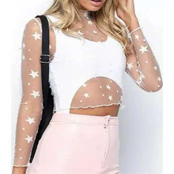 Dámský průsvitný crop top s hvězdami bílá M