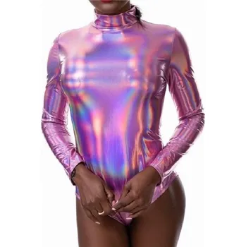 Body Dámské lesklé body s dlouhým rukávem růžová L