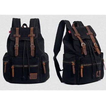 Sportovní batoh Cestovní plátěný batoh s kůží J3087 černá