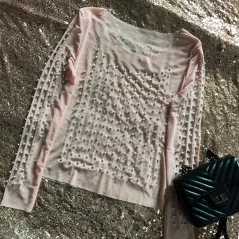 Dámské tričko Dámské průsvitné tričko s perlami bílá S