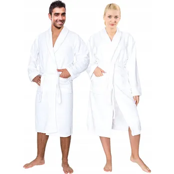 Dámský župan Bílý bavlněný župan M ke kotníkům, dlouhý rukáv, s kapsami