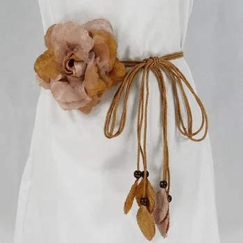 Opasek Dámský tenký pásek s květinou světle hnědá