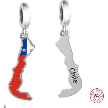 Přívěsek Charm Sterlingové stříbro 925 Chile vlajka - houpající se mapa, přívěsek na náramek cestování