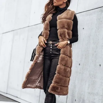 Dámský kabát Dámský dlouhý kožich P2146 hnědá XS