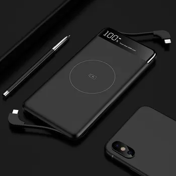 Powerbanka Bezdrátová powerbanka s vestavěnými kabely 10000 mAh černá