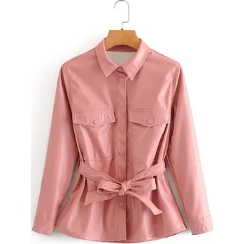 Dámská casual bunda Dámská kožená bunda s vázáním růžová L