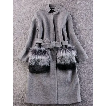 Dámský kabát Dámský kabát s kožíškem na kapsách J1211 šedá S