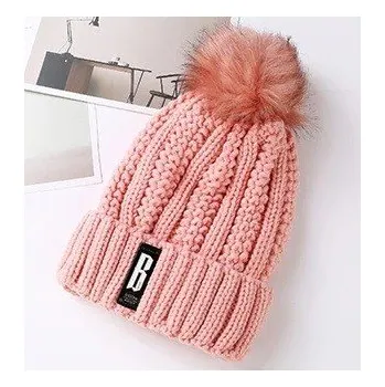 Čepice Dámská pletená čepice s bambulí J2803 růžová