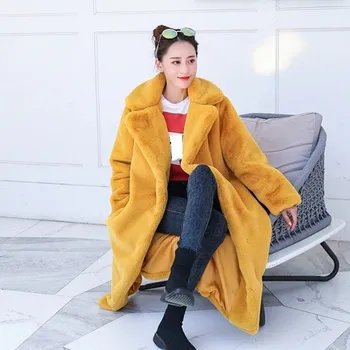 Dámský kabát Dámský huňatý kabát žlutá M