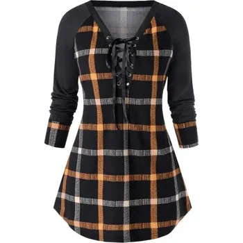 Dámské tričko Dámský dlouhý top s kostkovaným vzorem tmavě žlutá M