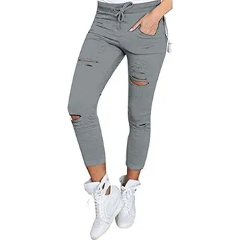 Dámské kalhoty Dámské stylové kalhoty s dírami J828 šedá S