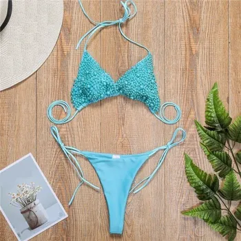 Dámské plavky Dámské bikiny s perlami světle modrá M