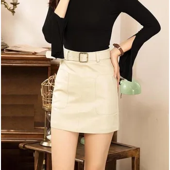 Dámská sukně Dámská kožená sukně s páskem krémová XS