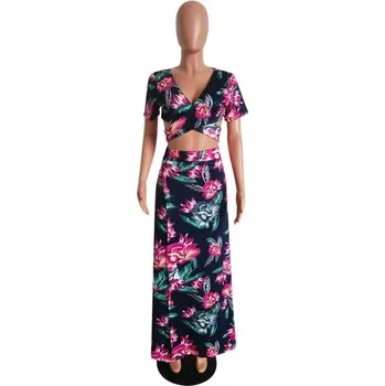 Dámský květovaný crop top a sukně B1236 tmavě růžová XS