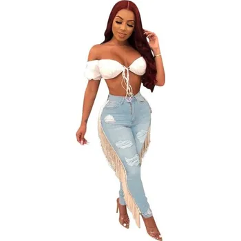 Dámské džíny Dámské džíny s třásněmi světle modrá XXL