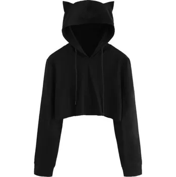 Dámský crop top s kapucí a kočičíma ušima - Černý XL