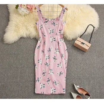 Dámské šaty Dámské pruhované šaty s květy růžová S