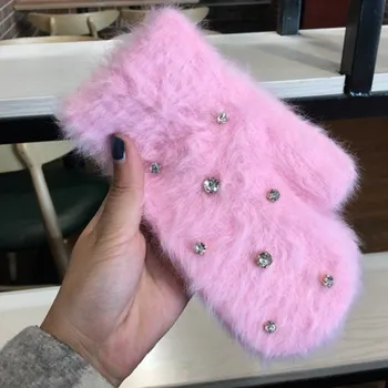 Rukavice Dámské zimní palčáky s kamínky růžová