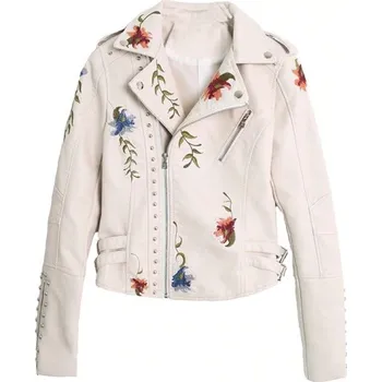 Dámská casual bunda Dámská kožená bunda s květinami krémová XL
