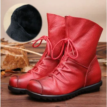 Dámská obuv Dámské kožené kotníkové boty s kožíškem červená 40