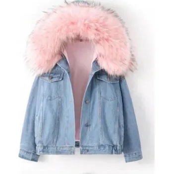 Dámská džínová bunda s kožešinou růžová M