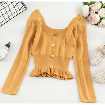 Dámský svetr Dámský svetr s knoflíky a volánem hořčicová