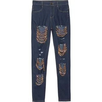 Dámské džíny Dámské roztrhané džíny s řetězy L