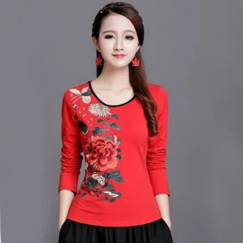 Dámské tričko Dámské květované tričko s dlouhým rukávem červená XXL