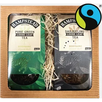 Čaj Hampstead Tea London Dárkový balíček BIO zelený sypaný čaj a BIO Darjeeling černý sypaný čaj