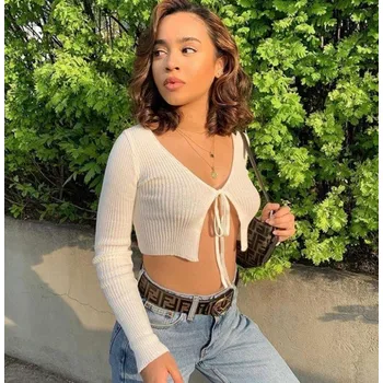 Dámský pletený crop top na zavazování bílá M