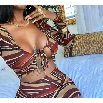 Dámský crop top a sukně B978 hnědá S