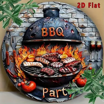 Plechová cedule BAF Kovová kulatá cedule BBQ párty. Průměr 20 cm