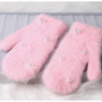 Rukavice Dámské chlupaté palčáky s perličkami J816 růžová