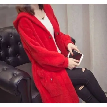 Dámský chlupatý cardigan s kapucí červená XL