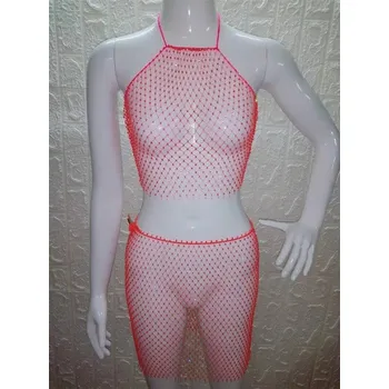 Dámský síťový crop top a sukně tmavě růžová