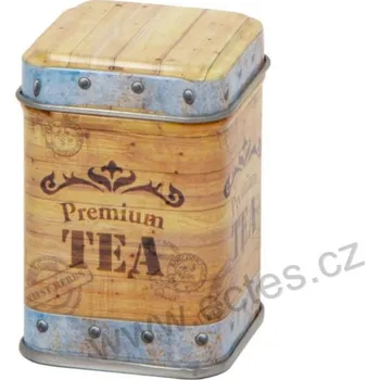 Dóza na potraviny TEA CHEST plechová dóza na čaj 7422 hnědá dřevěná truhla čaje s nápisem Premium TEA