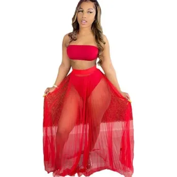 Dámský crop top a průsvitná sukně B1265 červená XS