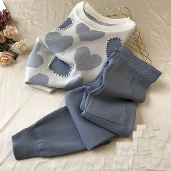 Dámské kalhoty Dámský svetr s krátkým rukávem a kalhoty modrá XS