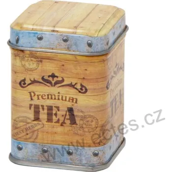 Dóza na potraviny TEA CHEST plechová dóza na čaj 7421 hnědá dřevěná truhla čaje s nápisem Premium TEA