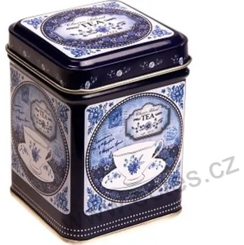 Dóza na potraviny TEA MODRÝ modrá plechová dóza na čaj 7421 bílý šálek s jemnými ornamenty